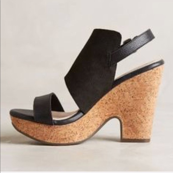 Black Slingback Open Toe Leather Cork Wedge Sandal - Picture 4 of 4